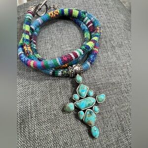 Fabric Wrap With a Mix of Antique Silver and Sterling Silver And Turquoise.